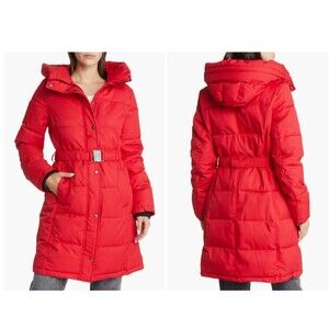Sam Edelman Womens Puffer Jacket Red Medium Belted Hooded Parka Long